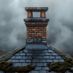 Brick chimney atop a mossy roof in misty weather