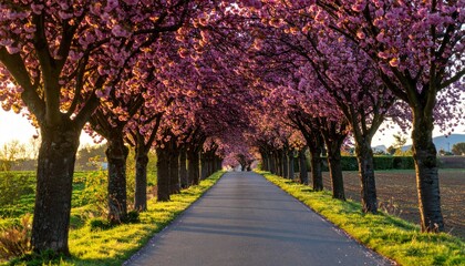 Enchanting spring blossom avenue: A pathway through flowering trees sunlight