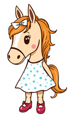 Cute baby horse in summer dotted dress and mary jane shoes. Vector isolated illustration