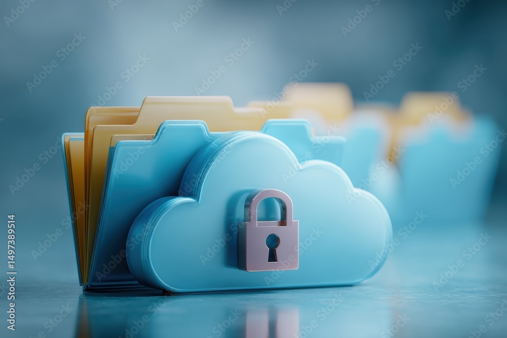 Poster a conceptual representation of cloud data security with files and a padlock, symbolizing data protec