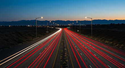 Traffic Light Streaks on Highway at Dusk with Mountain Backdrop