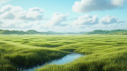 Obraz premium Serene grassy field with a stream under a bright sky