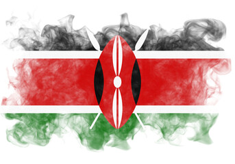 Stylized map of Kenya features its national flag overlaid with a traditional shield and spears, presented on a black background,