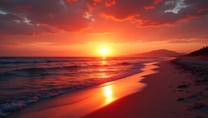 A fiery orb, a molten heart of orange and red, bleeds slowly into the waiting horizon