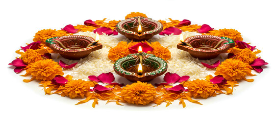 Fototapeta premium Diwali rangoli with lit clay diyas and flowers