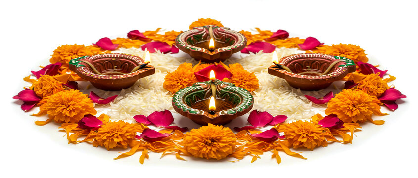 Diwali rangoli with lit clay diyas and flowers