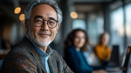 A mature man with glasses smiles warmly, seated in an office setting with colleagues softly blurred in the background