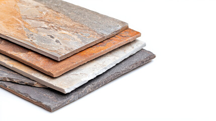 Natural stone tiles in various colors and textures stacked together, showcasing their unique patterns and earthy tones, perfect for home decor
