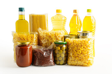 Foodstuffs in donation box isolated on white background with clipping path for volunteer to help people.