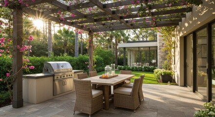 Fototapeta premium Outdoor patio dining area serene ambiance wooden pergola bougainvillea grill
