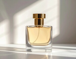 Clear glass perfume bottle catches sunlight, radiating warmth and sophistication in a quiet space.
