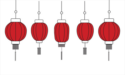 Vector set of Chinese lanterns in line art style, decorations for the Lunar new year, lantern festival or mid autumn festival