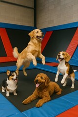 Dogs playing on a trampoline