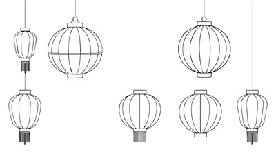 Vector set of Chinese lanterns in line art style, decorations for the Lunar new year, lantern festival or mid autumn festival