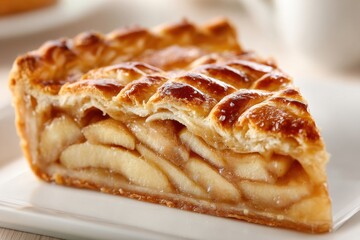 A delectable slice of homemade apple pie with a golden, flaky crust, featuring juicy apple filling, showcased in close-up on a white plate with warm lighting.
