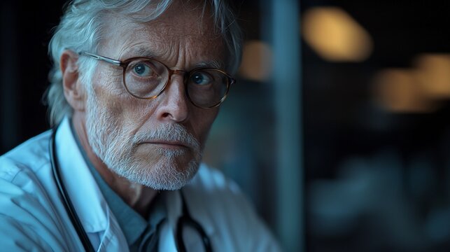 Close-up portrait of a serious, older doctor. His expression conveys concern and weariness