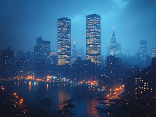 Fototapeta premium Nighttime cityscape featuring illuminated skyscrapers and a serene waterfront