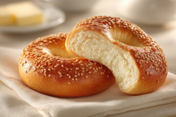 Delicious sesame bagels, one sliced in half, displayed on a white linen napkin, with butter and a cup in the background providing a warm and inviting breakfast scene.