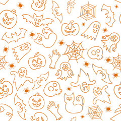 Creative Halloween pattern featuring ghosts, pumpkins, bats, and spiders designed for festive decorations and crafts
