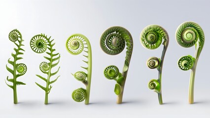 Photorealistic Conceptual Illustration of Fern Fiddlehead Growth Stages White Background