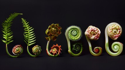 Photorealistic Conceptual Illustration of Fern Growth Stages on Black Background