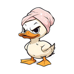 Cute Angry Cartoon Duck with Pink Towel on Head – Funny Animal Character Illustration

