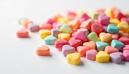 A scattered pile of colorful candy hearts on a white background , sweets, sweetness