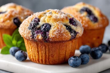 Close-up of delicious blueberry muffins sprinkled with sugar on a marble cutting board, served with fresh blueberries and mint leaves, perfect for breakfast