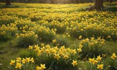 Fototapeta premium Golden daffodils carpet a verdant spring meadow, sunlight illuminating petals, springtime, blossom, pretty