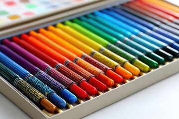 Naklejka premium A vibrant set of colorful crayons neatly arranged in a box, showcasing a full spectrum of shades from red to blue, creating a rainbow effect for art supplies.