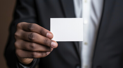 Closeup hand holding blank business card with calm smile, professional suit, dark background, confident and inviting gesture