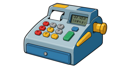 Illustrated Cartoon Cash Register with Keys and Receipt