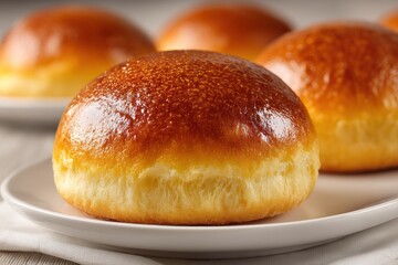 Close-up of delicious brioche buns, perfectly baked with a golden-brown crust, arranged artfully on a white plate, tempting for a tasty snack.