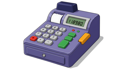 Purple Cash Register with Number Display Cartoon