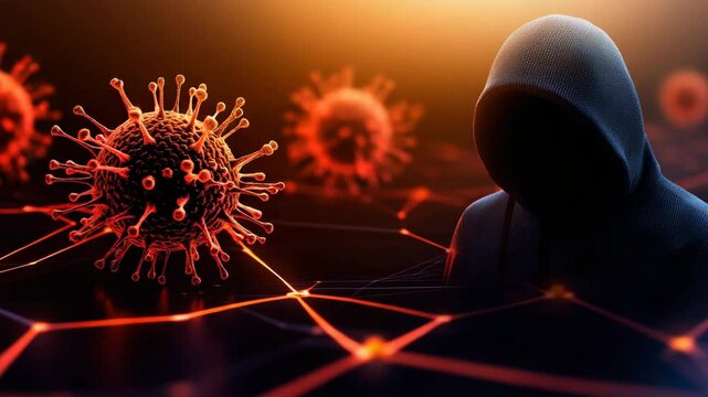 A hooded figure stands near a digital virus structure, suggesting cyberattack or computer virus themes in a glowing network background.
