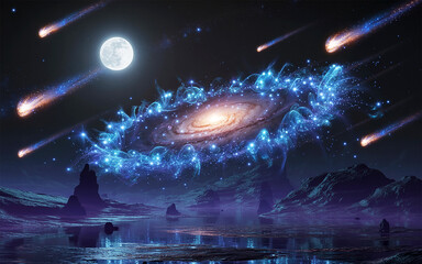 Obraz premium Surreal cosmic landscape with galaxy full moon and meteors across a mysterious alien world