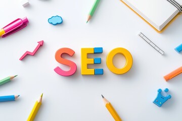 SEO Wooden Blocks concept. Colorful Desktop Arrangement with SEO Letters, Pencils, and Office Supplies for Creative Workspace Environment