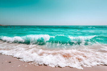 Gentle waves lapping the shore, serene turquoise waters and soft sandy beach, perfect for relaxation and coastal vibes.