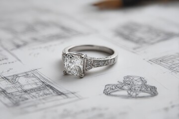 Intricate diamond engagement ring with sketches of different design drafts, showcasing the jewelry design process
