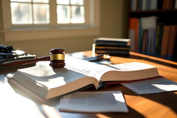 Legal Gavel on Open Law Book in Sunlit Office Setting