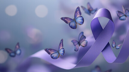 Calm and inspiring background featuring butterflies flying around Emotional, hopeful, and supportive tone, ideal for cancer survivor stories or awareness