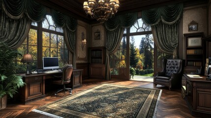 Fototapeta premium Luxurious Home Office Design Dark Wood, Elegant Decor, and Serene Garden Views