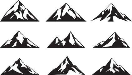 Bold Black and White Mountain Vector Set with Sharp Peaks and Snowcaps &ndash; Iconic Nature Silhouettes
