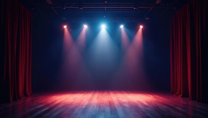 Bright stage spotlights illuminating an empty theater, ready for a performance , musical, bright, stage