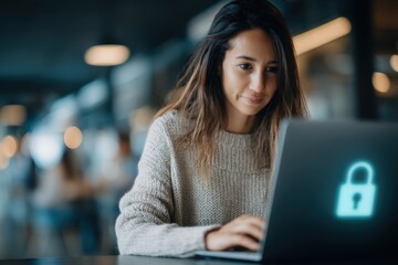 Young woman uses laptop with security lock icon, working on cybersecurity matters, ensuring data protection and privacy while browsing online for information.