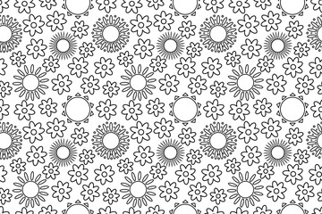 Outline summer seamless coloring page with flowers and suns with rays of different shapes. Floral and sun pattern. For entertaining, summertime monochrome design of item and clothing, or wallpaper.