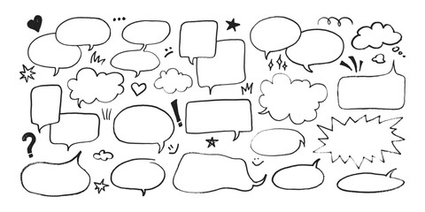 Fototapeta premium Dialogue speech bubbles with pen or crayon chalk doodle emphasis hand drawn style vector illustration set. Chat balloons crayon chalk style various dialogue frames collection hand drawn sketch style.
