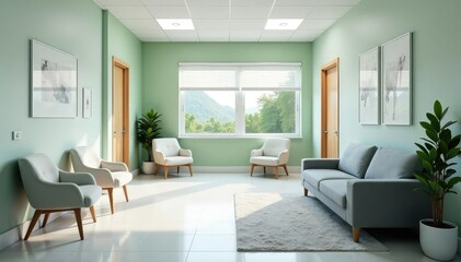 Clean, modern doctor's office waiting area with comfortable seating and calming decor , treatment, healthcare, examination room