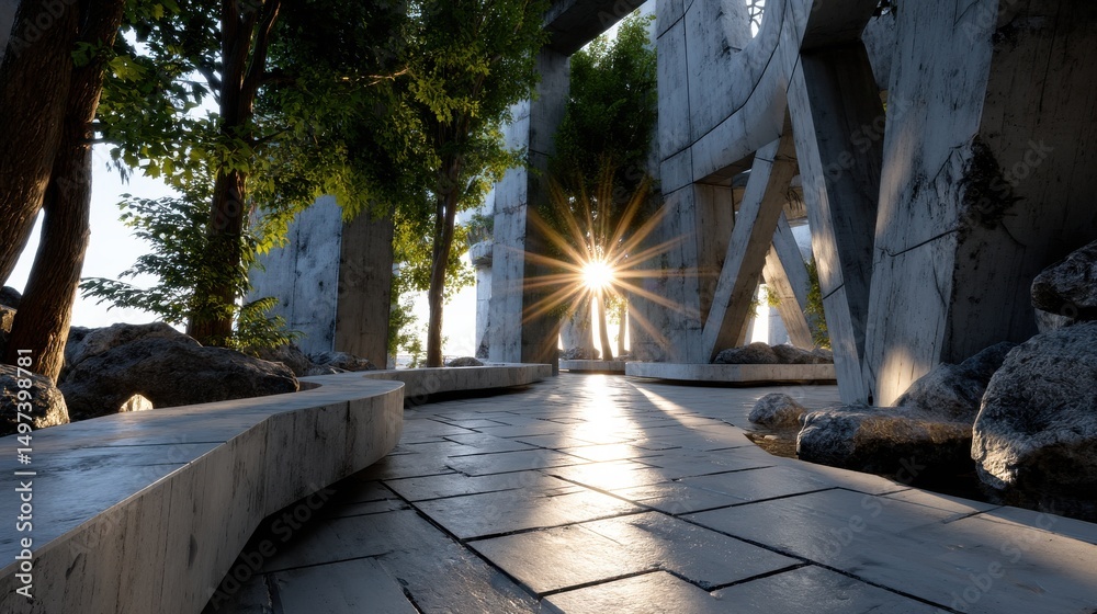 Poster A sunlit walkway with a bench and trees in the background