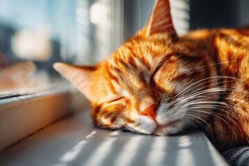 Close-up portrait of a sleeping ginger cat basking in sunlight, showcasing its soft fur and peaceful expression, lying on a window sill in the morning light.